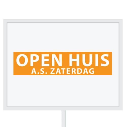 Reclameborden Totaal makelaarsstickers stickers voor makelaars Open huis aanstaande zaterdag wit oranje